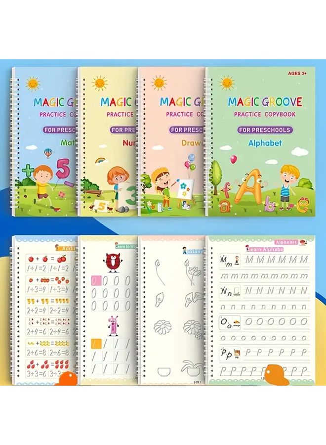 مجموعة من أربعة كتب قابلة لإعادة الاستخدام لتدريب الخط للأطفال، كتب تتبع الأخاديد للخط والكتابة - Image 1